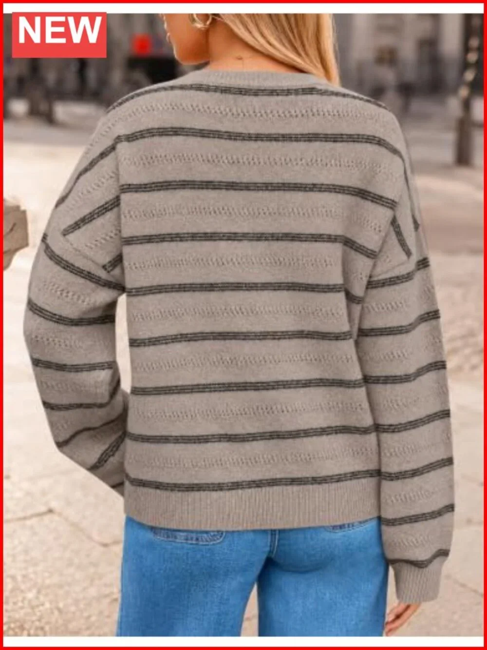 Crew Neck Long Sleeve Striped Pullover Sweater Knit Loose Fit